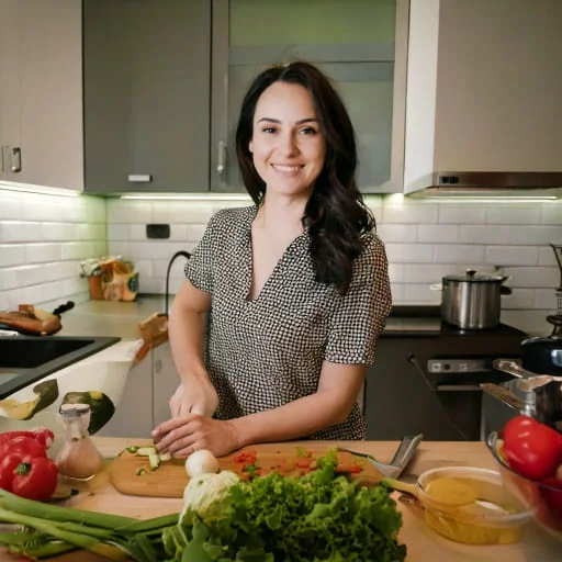 Home page 4 A smiling woman in her 30s with long dark hair standing in a cozy kitchen, preparing fresh vegetables.