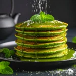 Stack of fluffy matcha pancakes topped with fresh mint leaves and a dusting of green tea powder, served on a white plate.