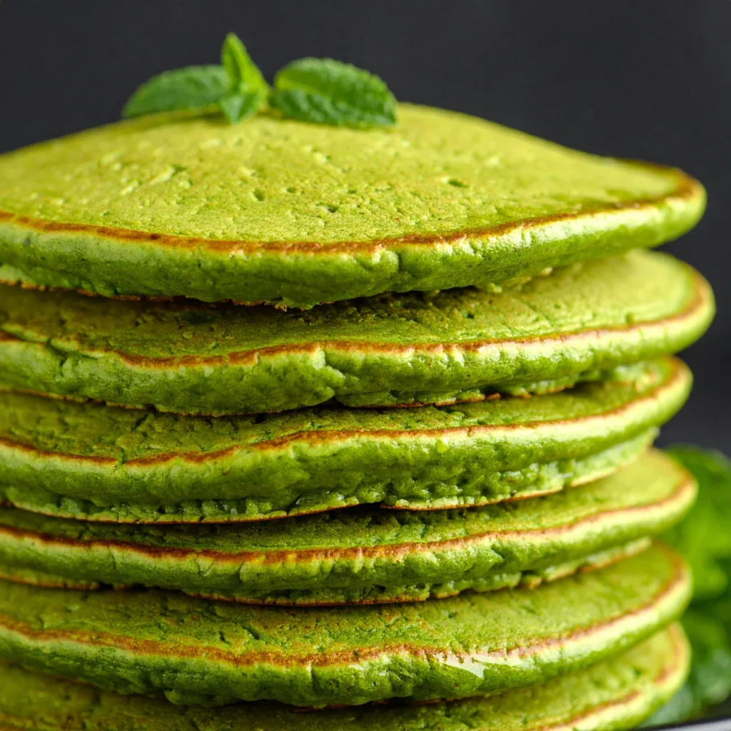 A Love Letter To Matcha Pancakes 5 Green tea matcha pancakes stacked high, topped with fresh mint leaves and sprinkled with matcha powder, served on a rustic wooden table.