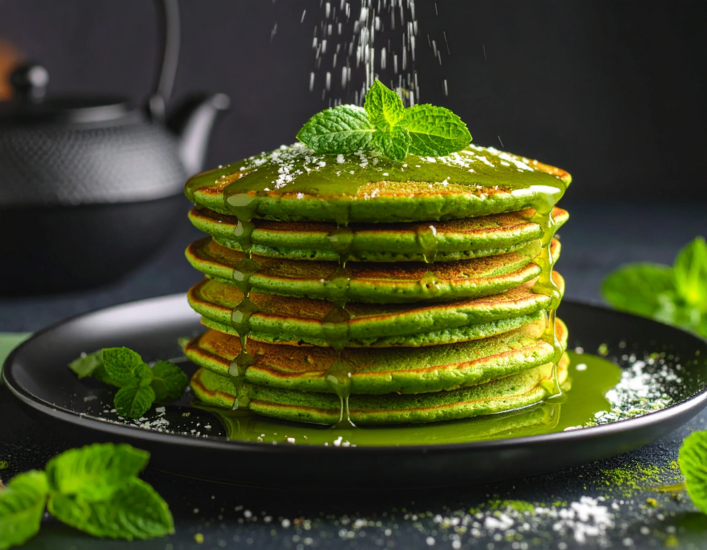 Healthy and Fluffy Matcha Pancakes Garnished with Fresh Mint Stack of fluffy matcha pancakes topped with fresh mint leaves and a dusting of green tea powder, served on a white plate.