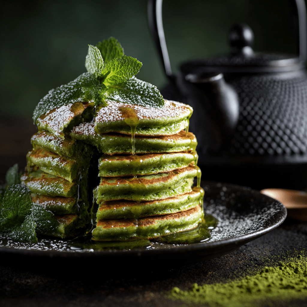 Stack of fluffy matcha pancakes topped with fresh mint leaves and a dusting of green tea powder, served on a white plate.