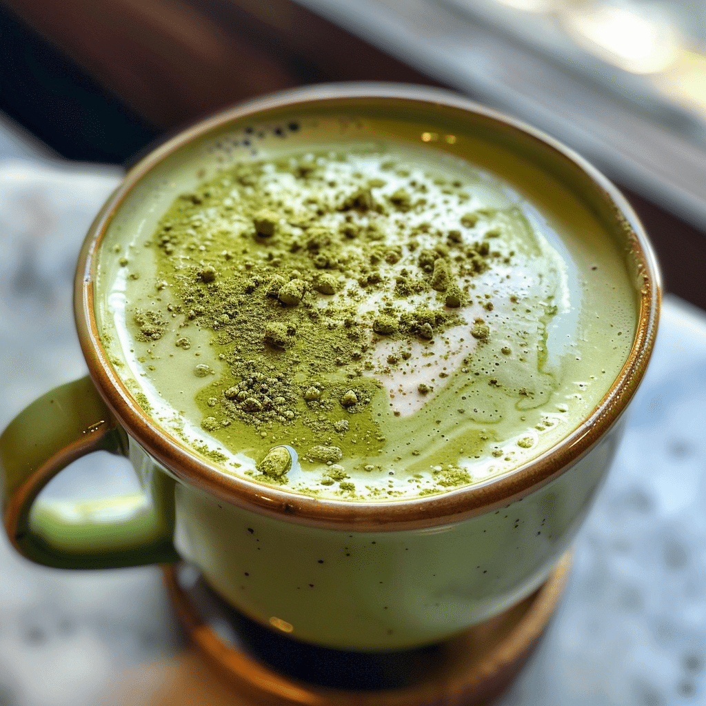 Coconut Matcha – The Deliciously Energizing Trend You Need to Try 9 Hot coconut matcha latte in a green ceramic mug topped with frothy milk and dusted matcha powder