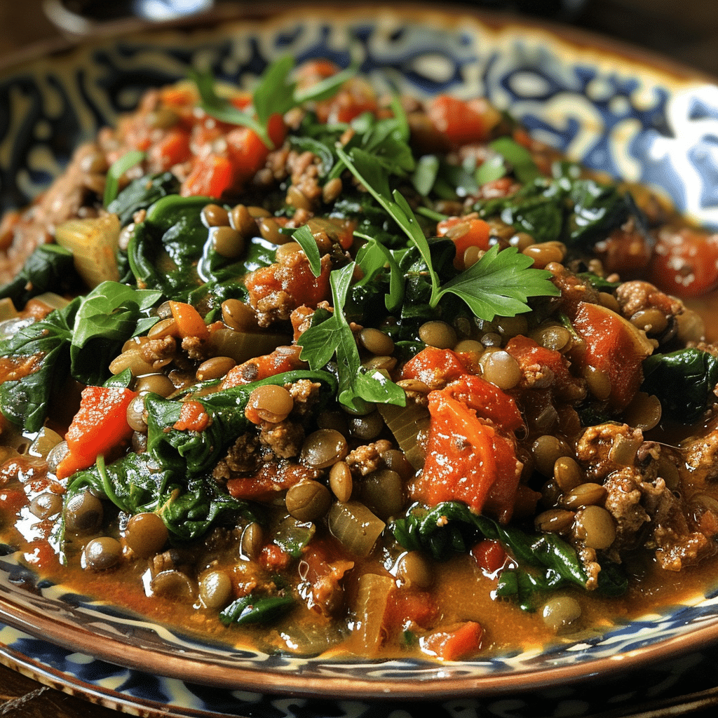 Iron Rich Recipes That Boost Your Energy Naturally 8 Iron rich recipes – spiced lentil and beef stew with spinach and parsley in a colorful ceramic dish
