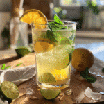 Close-up of homemade mist twist drink with lemon slices, lime, mint, and ice in a sunlit kitchen