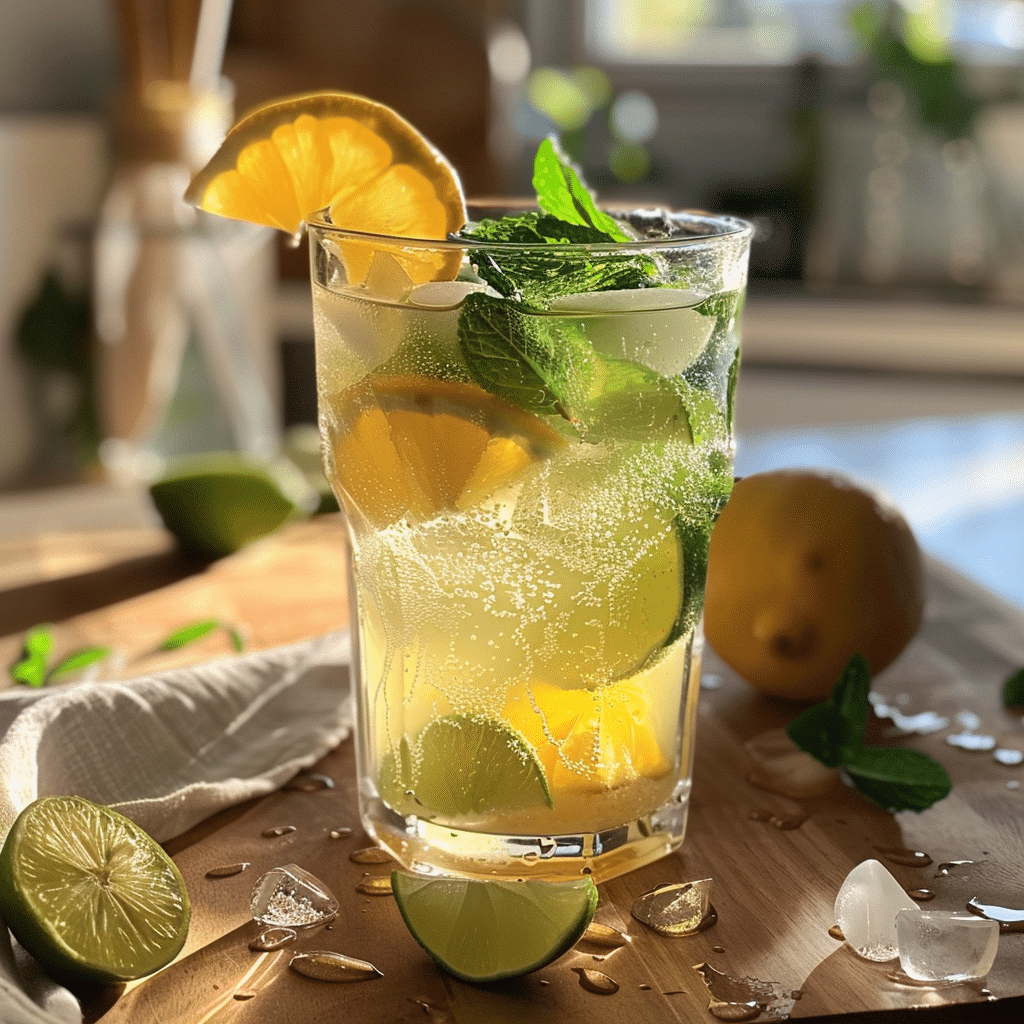 Close-up of homemade mist twist drink with lemon slices, lime, mint, and ice in a sunlit kitchen