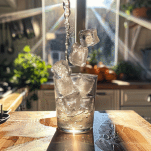 Close-up of ice cubes splashing into a clear glass on a wooden kitchen counter in natural sunlight