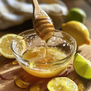 Honey dripping from a wooden dipper into a glass bowl of citrus juice surrounded by lemon and lime slices