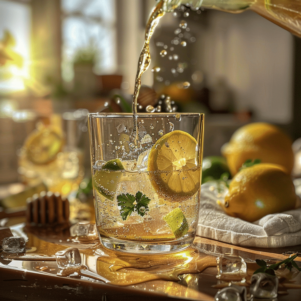 Love Mist Twist Drink? You Have To Try This Crisp Homemade Version 21 Sparkling water being poured into a glass with lemon slices, lime wedges, herbs, and ice cubes for a homemade mist twist drink