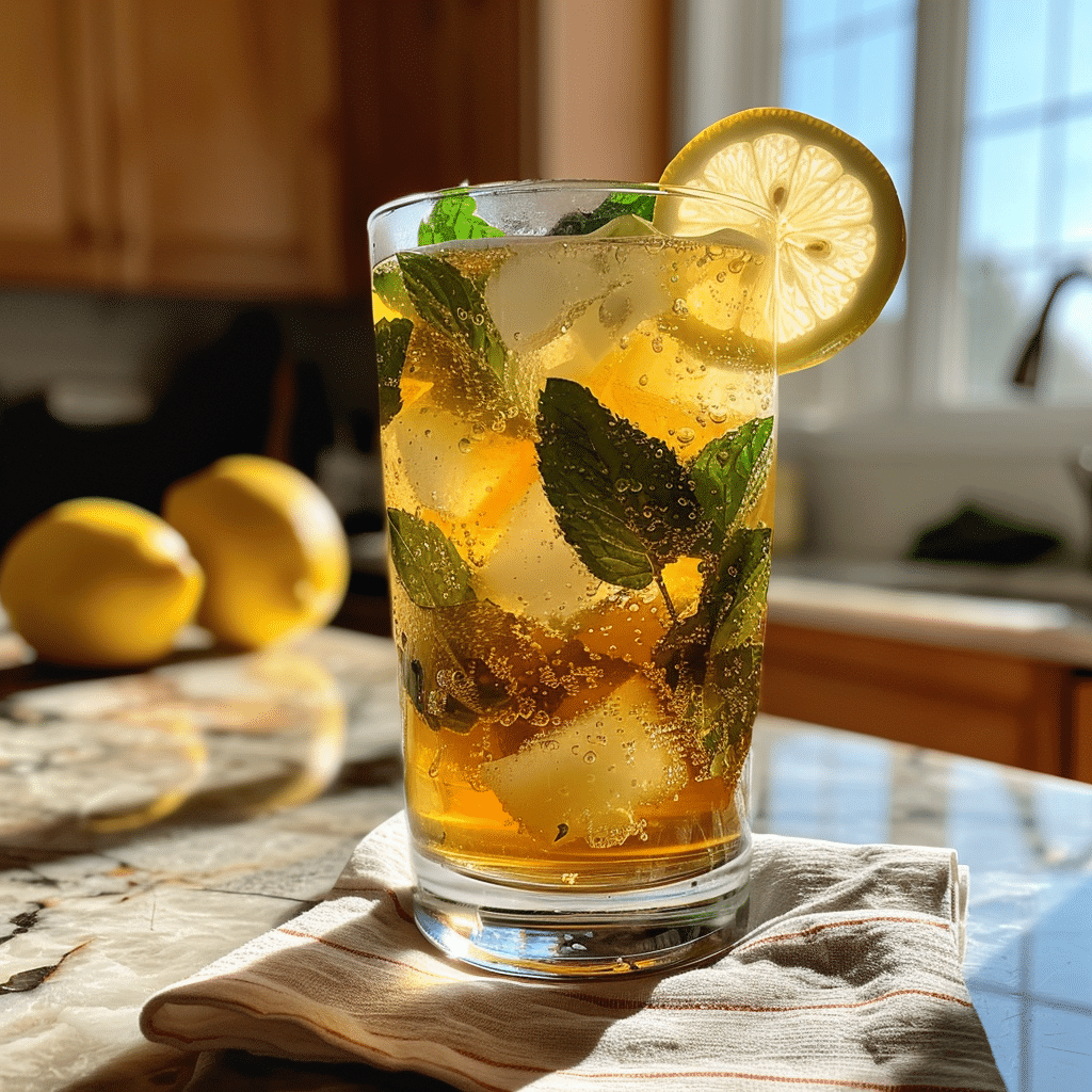 Love Mist Twist Drink? You Have To Try This Crisp Homemade Version 22 A tall glass of homemade mist twist drink with ice, mint leaves, lemon slice garnish, and bubbles, served on a kitchen counter