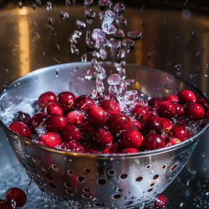Rinsing fresh cranberries under cold running water in a kitchen colander