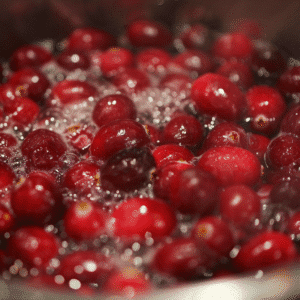 Cranberries simmering in a pot with some berries bursting and releasing juice