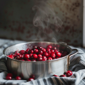 Cooked cranberry mixture cooling in the pot after simmering