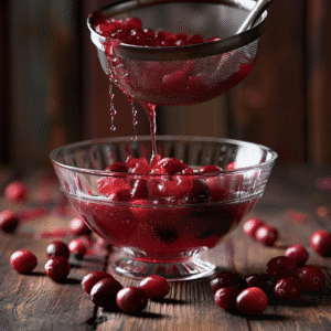 Straining cranberry juice through a fine mesh strainer into a glass bowl