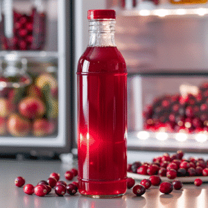 Homemade unsweetened cranberry juice in a clear glass bottle ready for refrigeration