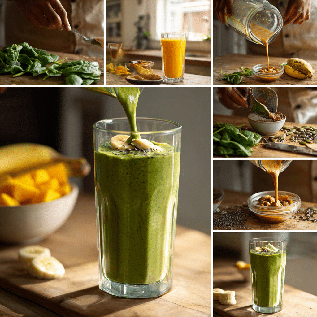 Step-by-step preparation of an iron rich green smoothie with spinach, banana, mango, molasses, and almond butter, shown in a realistic kitchen setting