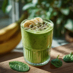 Iron rich green smoothie topped with banana slices and pumpkin seeds, served in a clear glass with spinach leaves on a wooden surface.