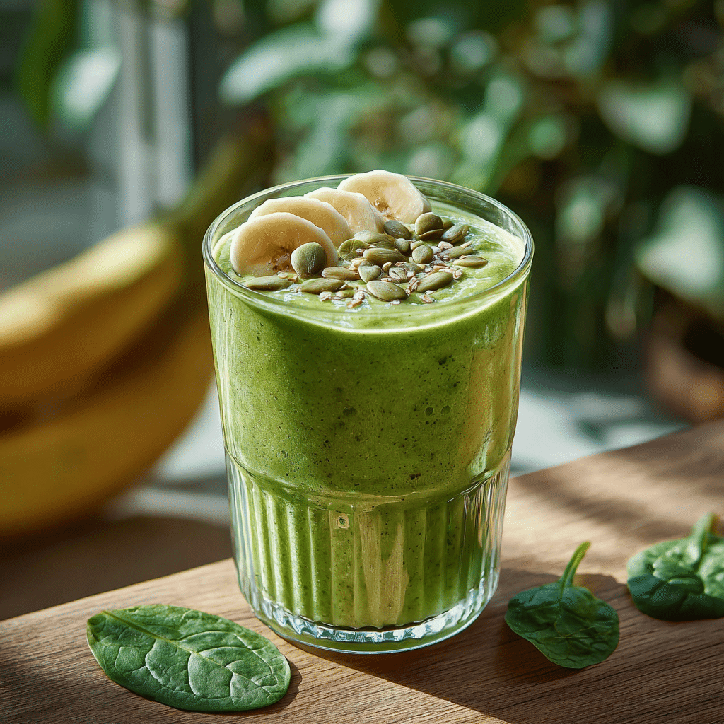 Iron rich green smoothie topped with banana slices and pumpkin seeds, served in a clear glass with spinach leaves on a wooden surface.