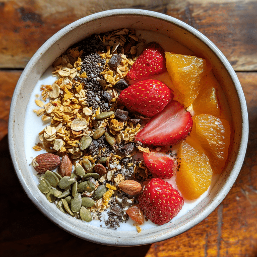 Homemade iron rich cereal bowl topped with strawberries, chia seeds, oats, and pumpkin seeds served with plant-based milk.