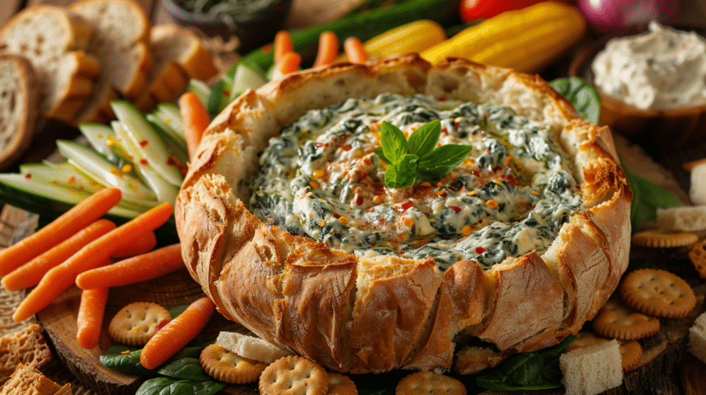 knorr spinach dip recipe in bread bowl with vegetable sticks and crackers