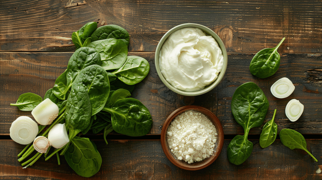 ingredients for knorr spinach dip recipe including fresh spinach, Knorr Vegetable Recipe Mix, mayonnaise, sour cream, and water chestnuts