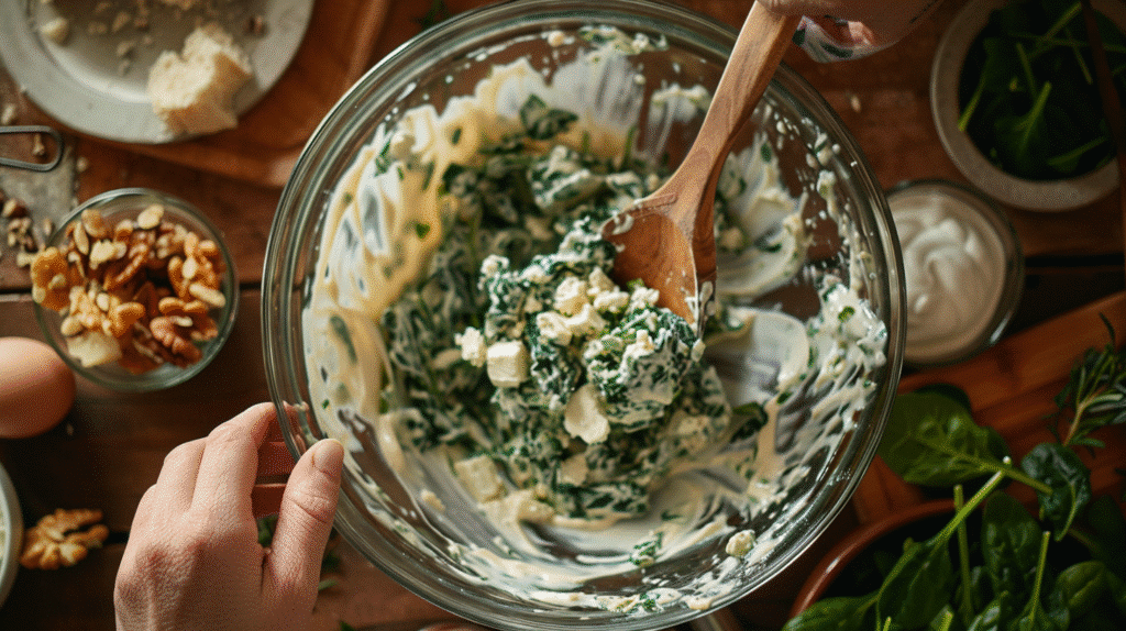 hands mixing knorr spinach dip recipe in glass bowl with spinach, mayonnaise, and sour cream