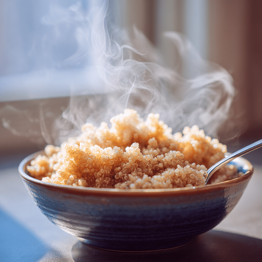 Fluffy cooked quinoa ready for a breakfast bowl
