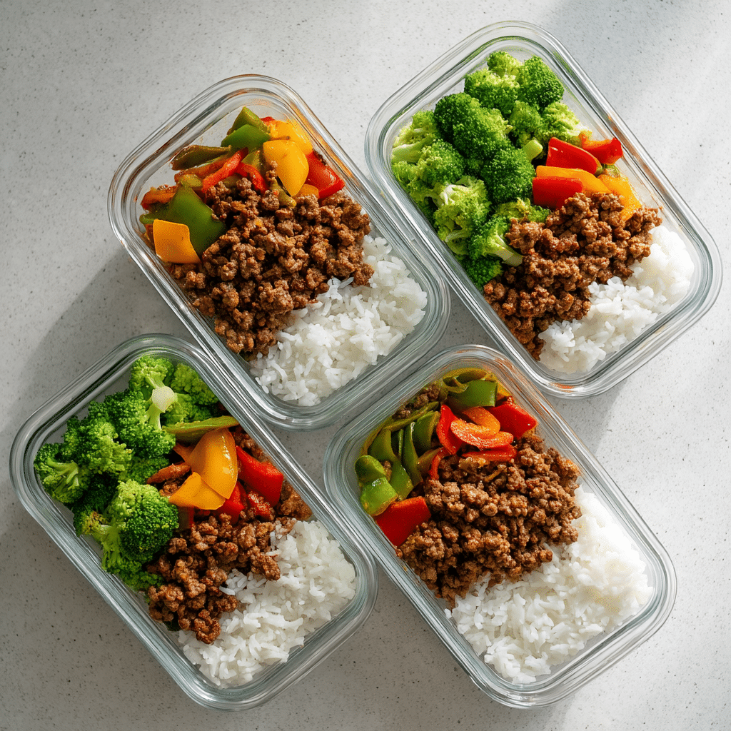 Ground beef and rice meal prep containers with broccoli and peppers