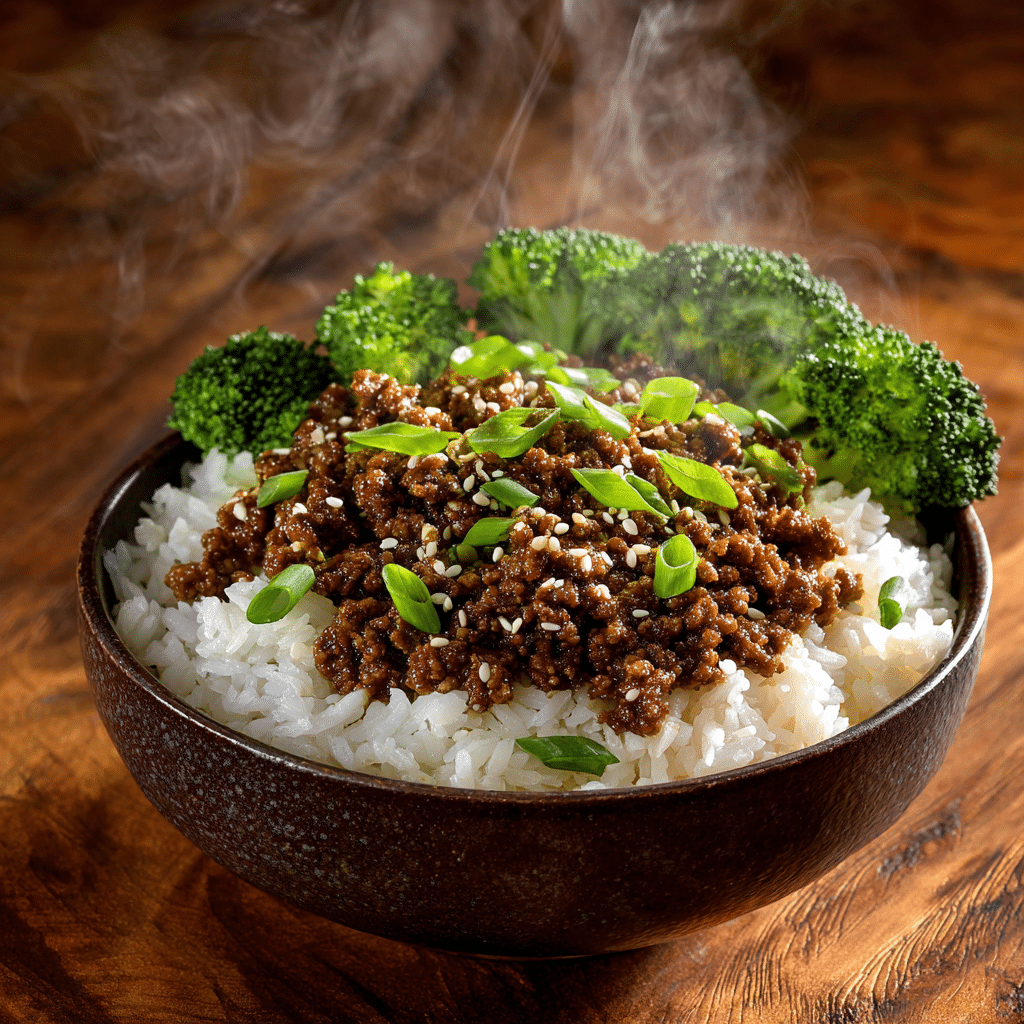Ground beef and rice recipe served in a ceramic bowl with steamed broccoli and green onions