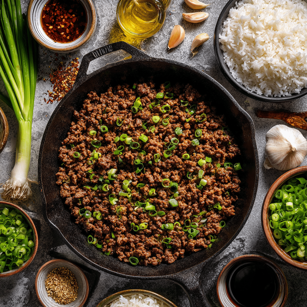 Cooking ground beef with flavor enhancers like garlic, soy sauce, and sesame oil