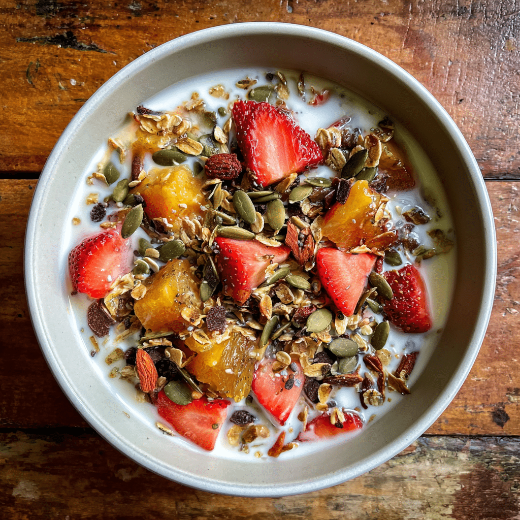 Homemade iron rich cereal bowl topped with strawberries, oranges, chia seeds, oats, and pumpkin seeds served with plant-based milk.