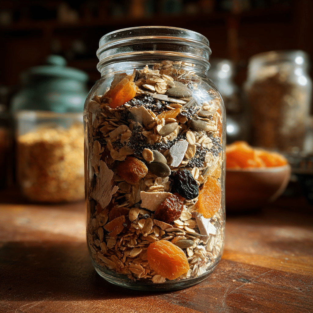 Glass mason jar filled with homemade dry iron rich cereal mix containing oats, chia seeds, pumpkin seeds, dried apricots, and raisins.