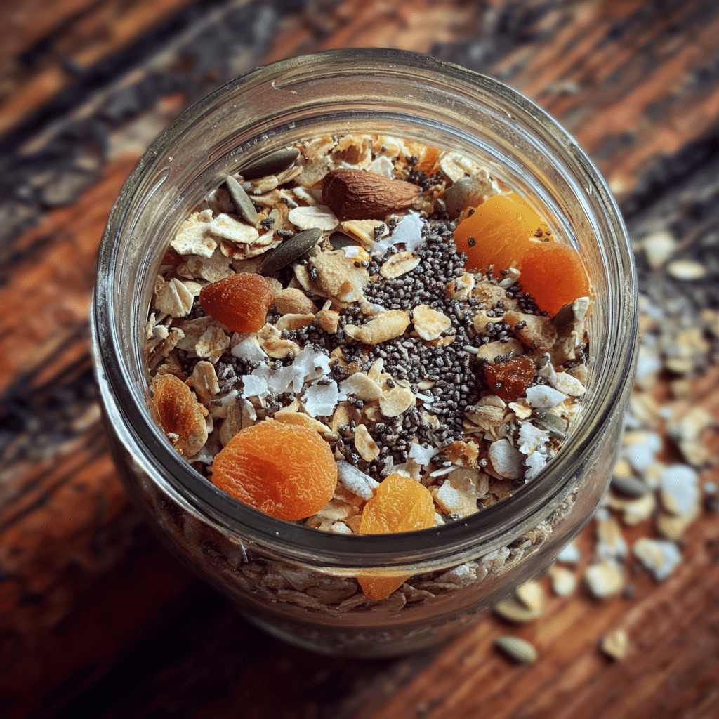 Glass mason jar filled with homemade dry iron rich cereal mix containing oats, chia seeds, pumpkin seeds, dried apricots, and raisins.