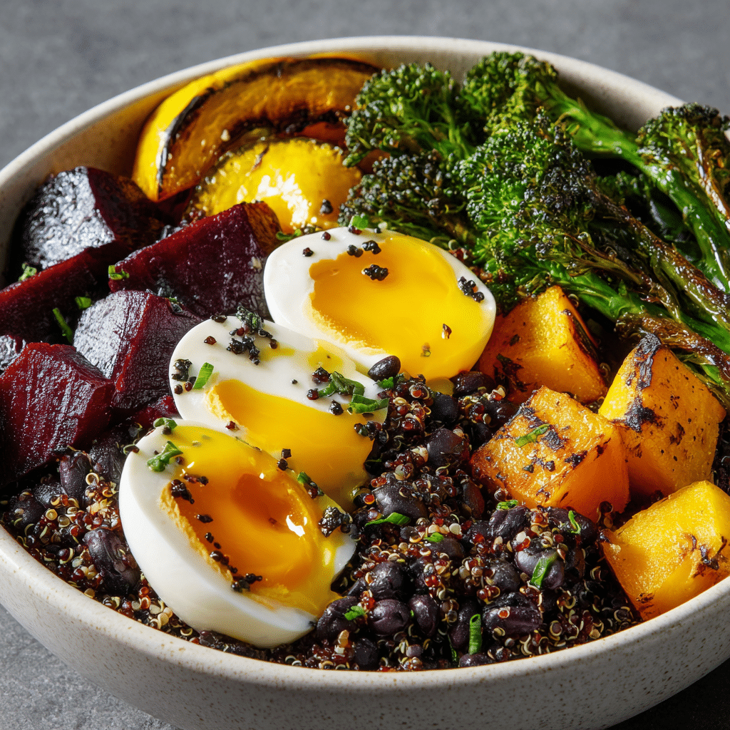 Iron-rich savory quinoa breakfast bowl with vegetables and egg
