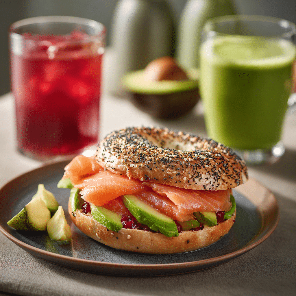 Smoked Salmon and Avocado Bagel with Healthy Drinks