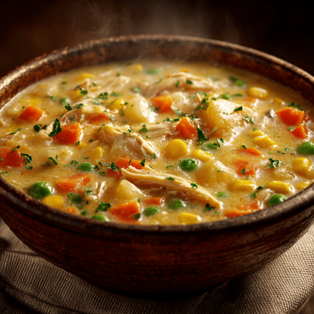 Ultimate Chicken Pot Pie Soup Recipe 2 Creamy chicken pot pie soup in a rustic bowl with fresh herbs and visible vegetables.