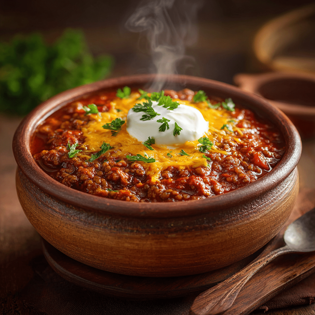 Close‑up of chili filled with lentils, ground beef, melted cheese, and fresh herbs.