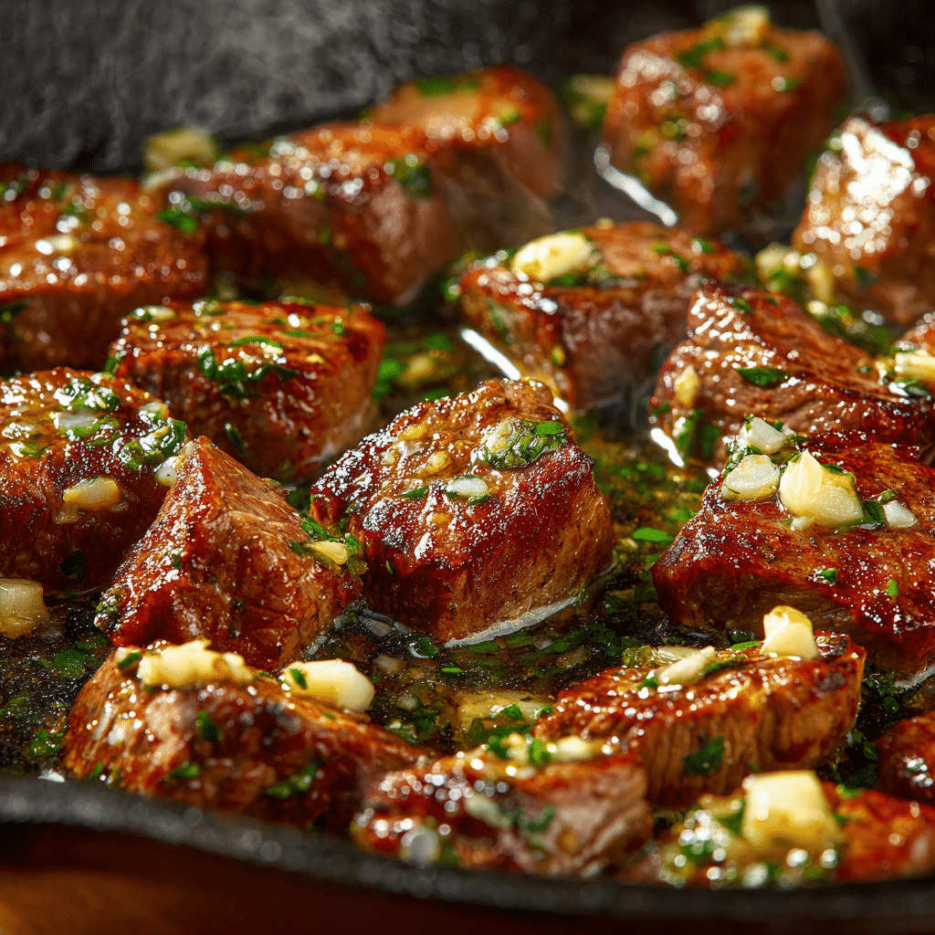 Sizzling garlic butter steak bites cooking in a black skillet, with garlic butter steak bites visible, juicy and browned.