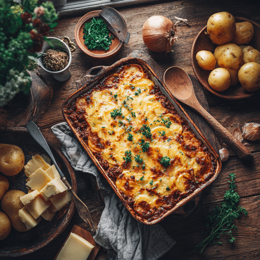 Overhead view of ground beef and potato casserole topped with golden cheese and fresh herbs.