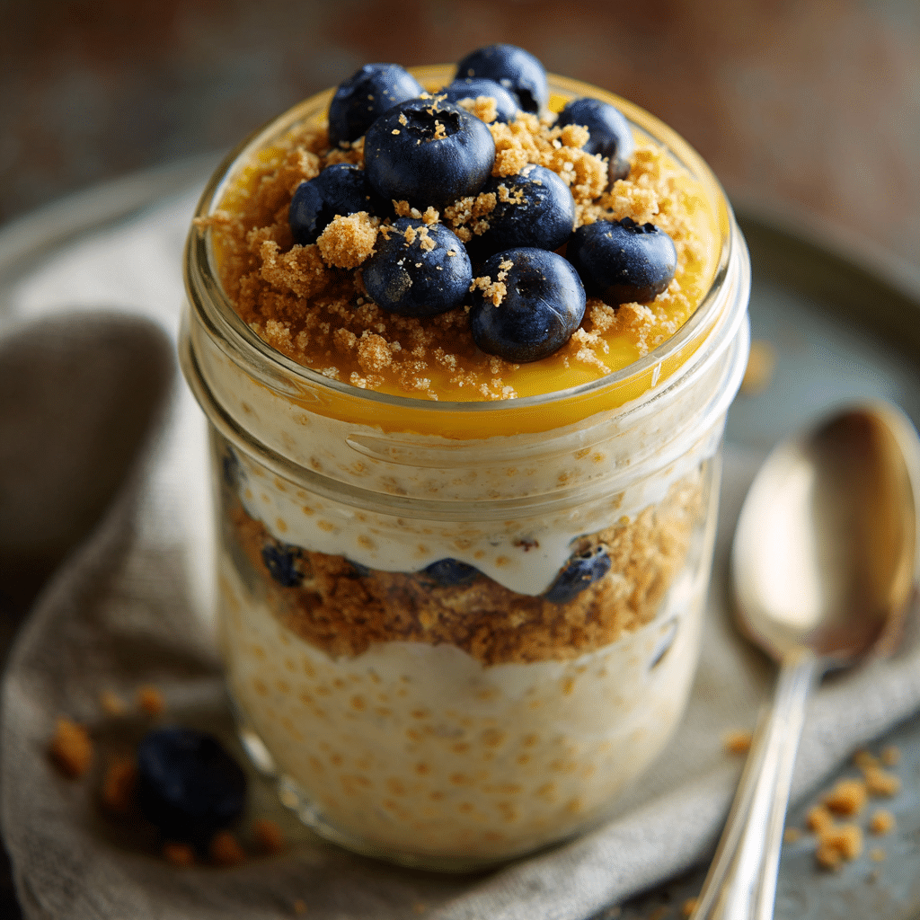 Overnight oats layered with lemon curd and berries in a bright kitchen jar.