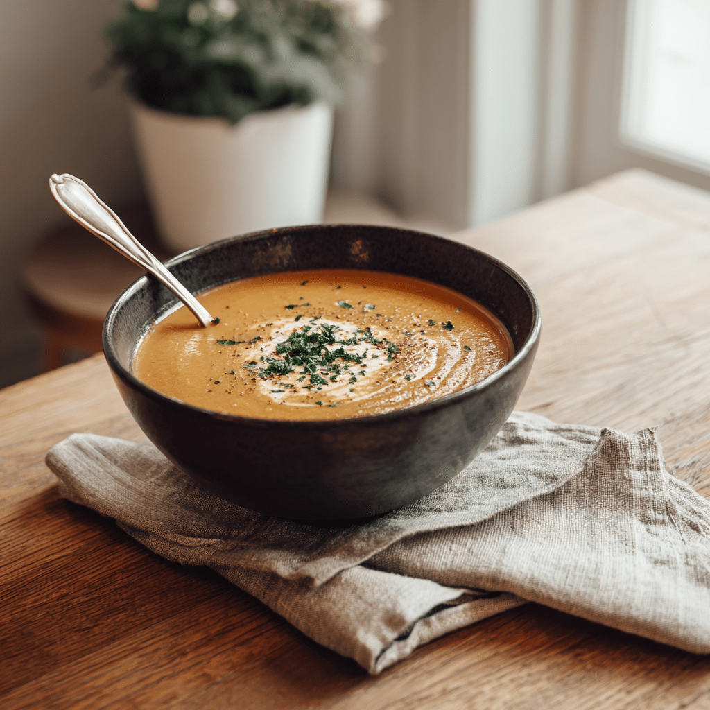 Bright close-up of one pot creamy carrot lentil soup in a white bowl with parsley garnish, wooden spoon, and soft natural light in a modern kitchen.