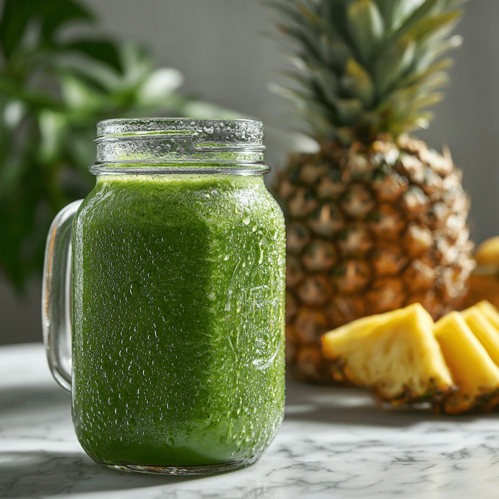 Amazing 5-Minute Spinach Smoothie Recipe 2 A hyper‑realistic smoothie splash captured midair with fruit pieces and liquid droplets in sharp focus.