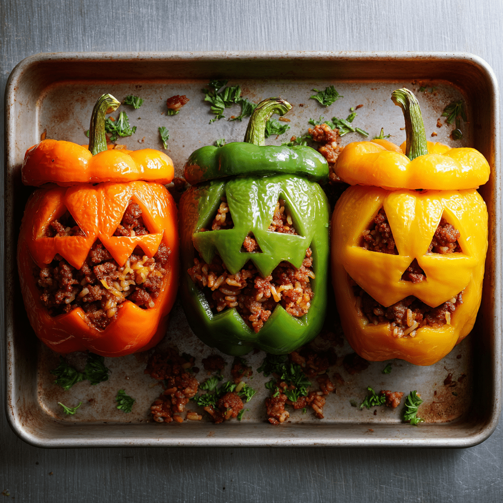 Amazing Stuffed Peppers Recipe: Easy Weeknight Meal 2 Three colorful stuffed peppers recipe with jack-o’-lantern faces, filled with beef, rice, and cheese, on a tray under natural light.