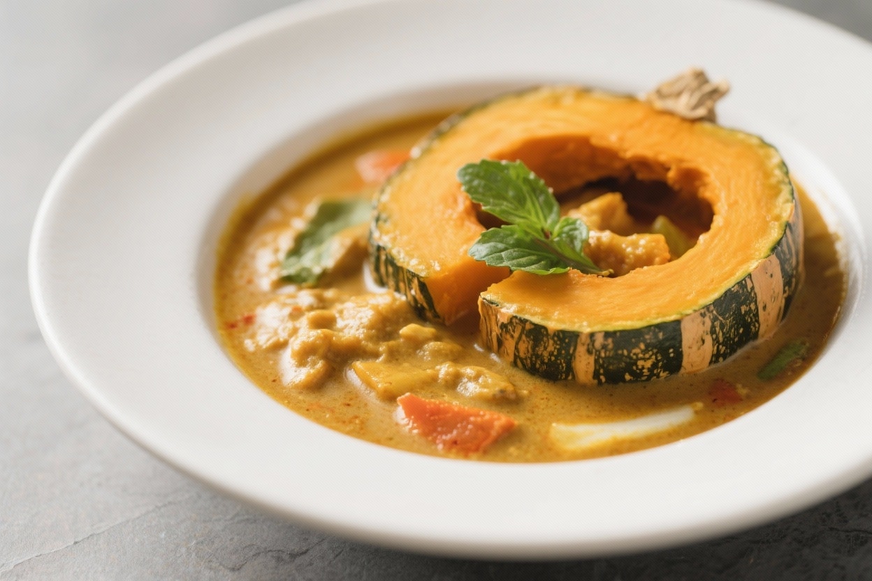 Creamy Thai pumpkin curry in a bowl garnished with fresh Thai basil and sliced chilies