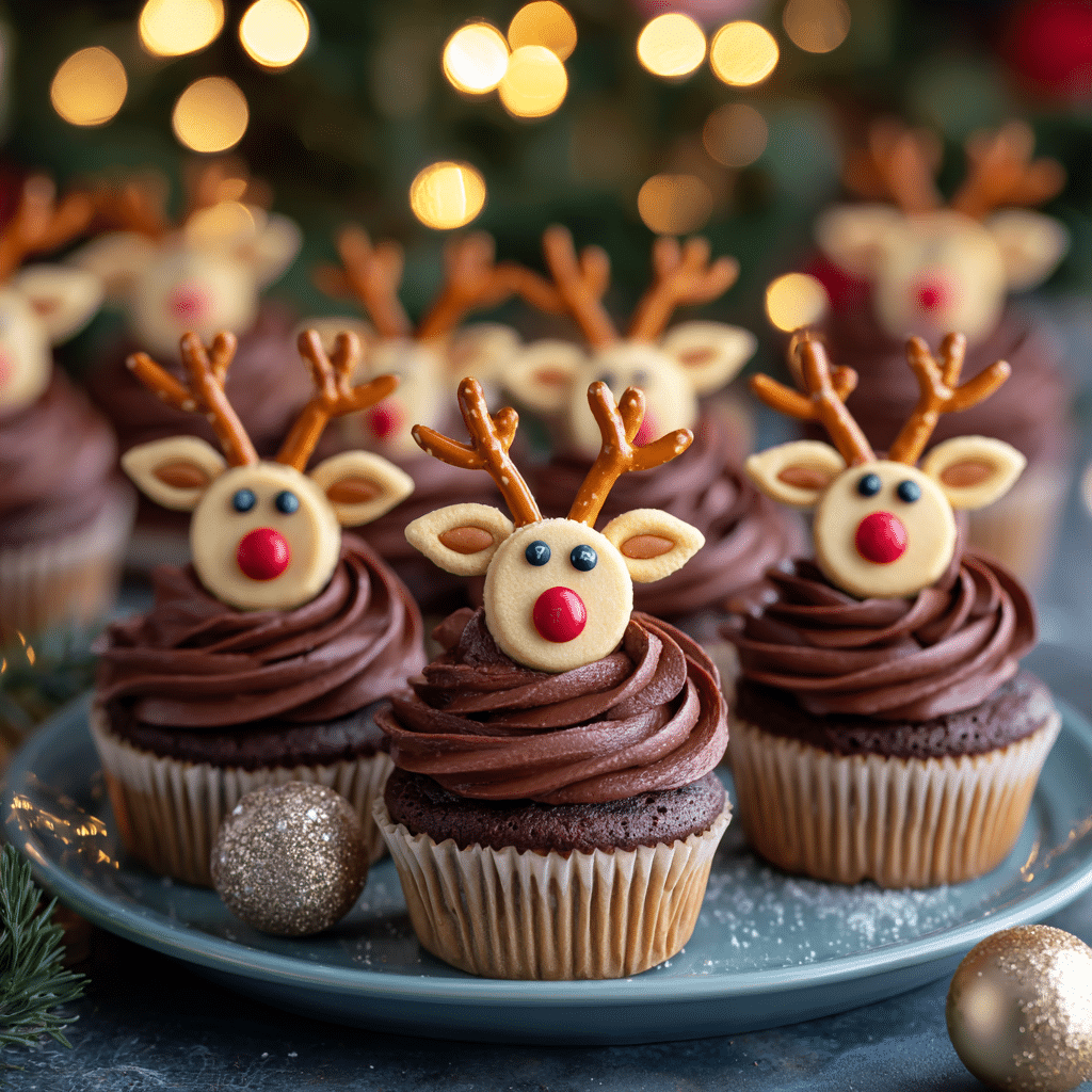 Festive reindeer cupcakes made with chocolate cake, rich chocolate frosting, decorated with pretzel antlers, Nilla wafer faces, candy eyes, and red or brown M&M noses. Fun and easy holiday treats perfect for Christmas parties