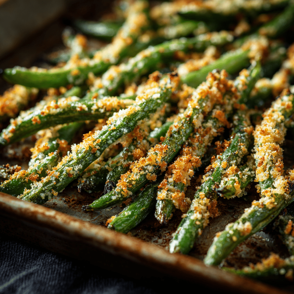 Amazing Crispy Oven Baked Green Beans with Parmesan 2 Crispy oven baked green beans coated with Parmesan cheese and panko breadcrumbs on a baking sheet.