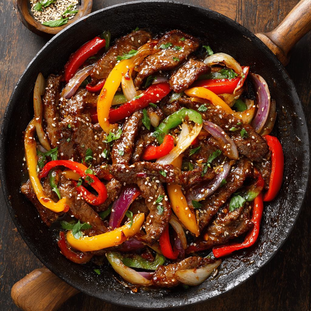 Chinese pepper steak stir-fry with sliced beef, colorful bell peppers, and onions in glossy brown sauce, served in a wok. Classic beef stir-fry recipe