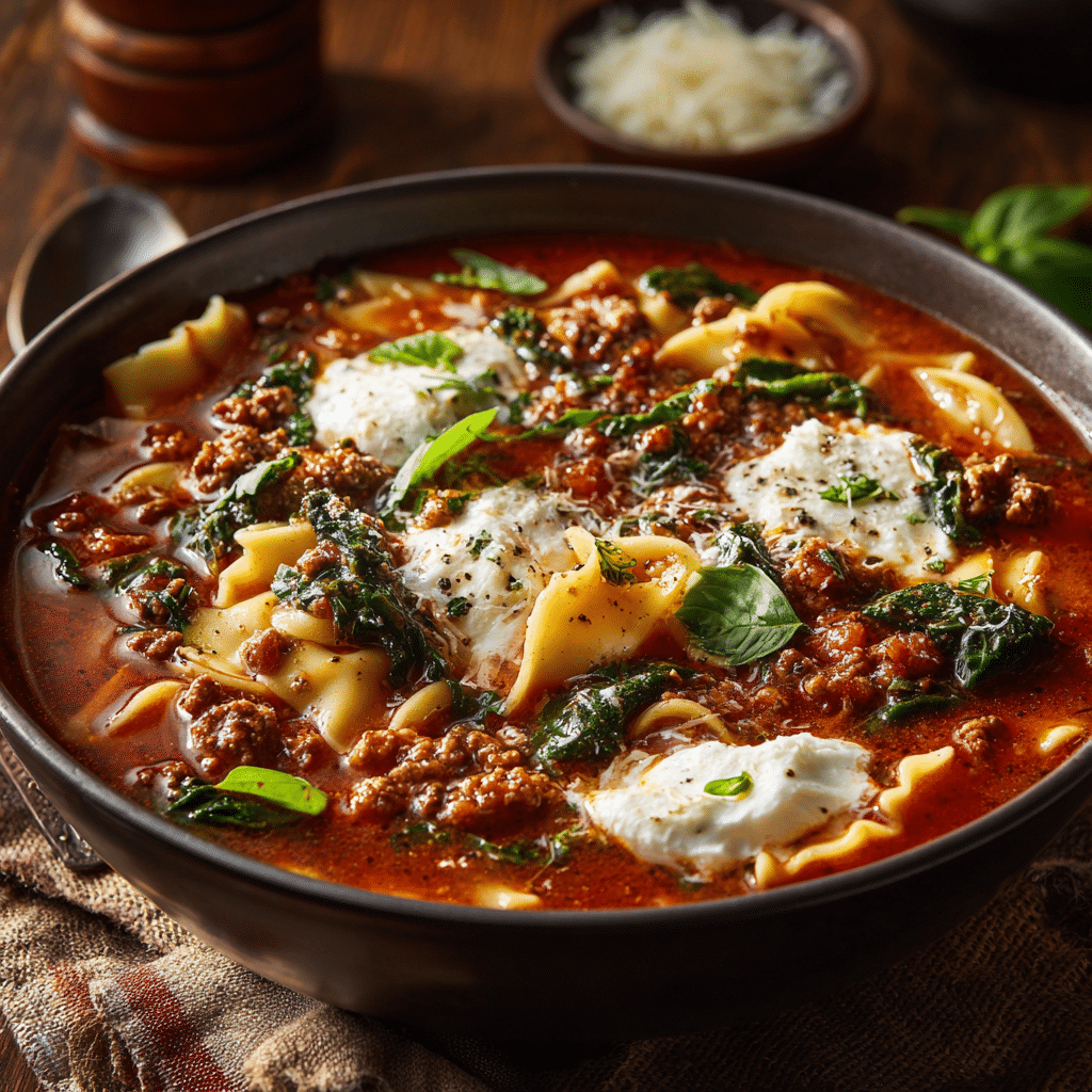 Quick & Easy One-Pot Lasagna Soup Recipe 2 Bowl of one pot lasagna soup garnished with fresh basil in a rustic setting
