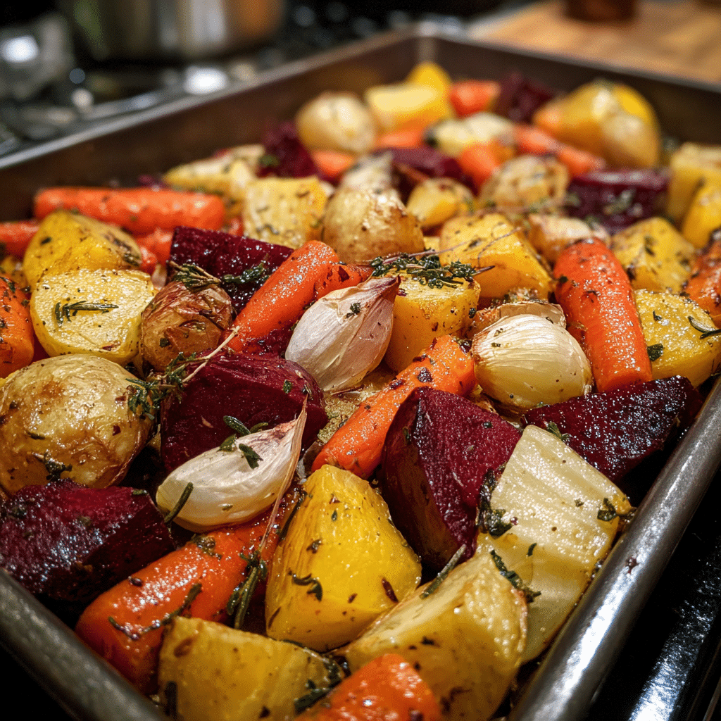 Vibrant Roasted Root Vegetables for Easy Dinners 2 Roasted yams, red potatoes, beets, carrots, parsnips, and garlic cloves with fresh rosemary and thyme on a baking sheet.