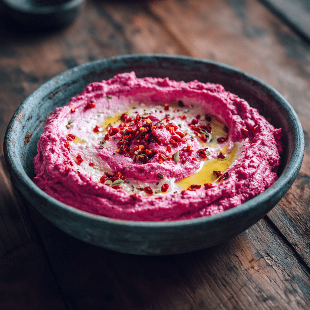 Vibrant Whipped Feta with Roasted Beets Dip 2 Vibrant pink whipped feta dip made with roasted beets, garnished with olive oil and red pepper flakes in a rustic bowl.
