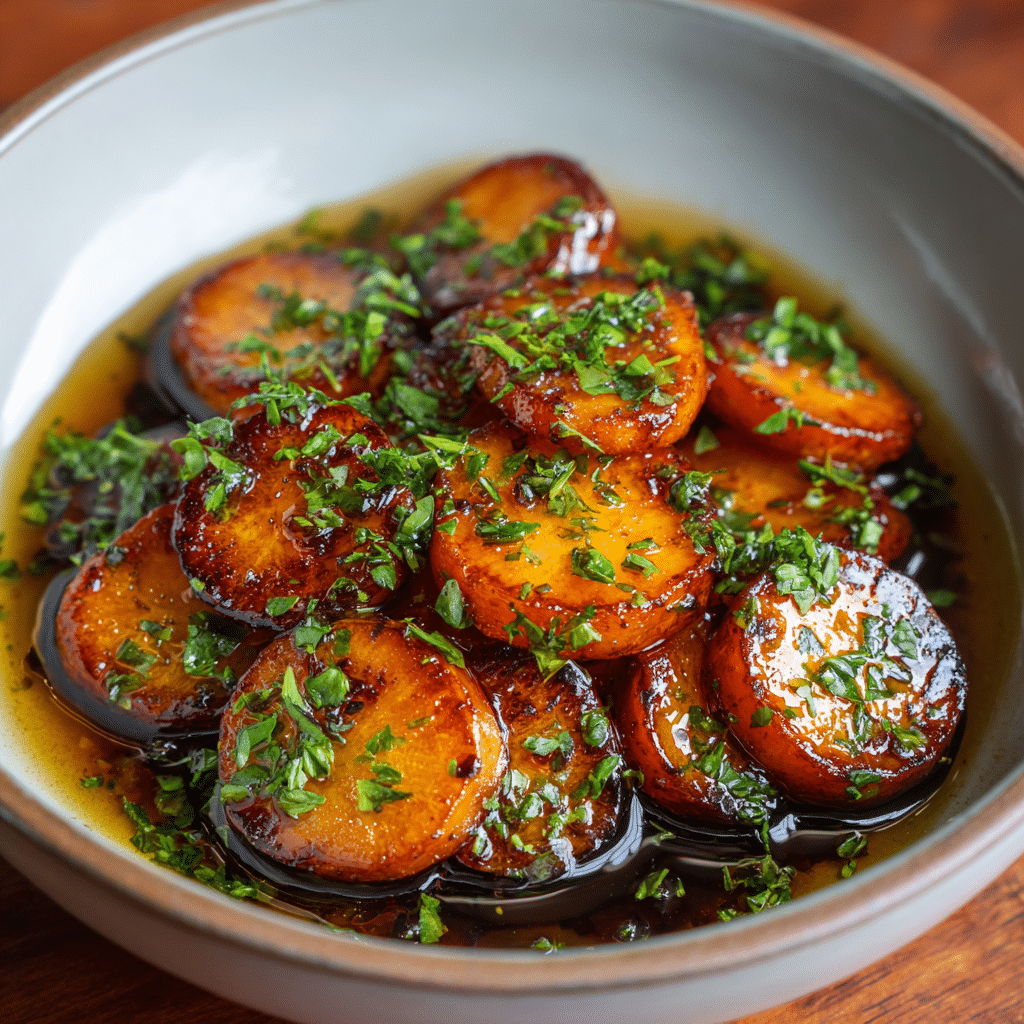 Quick & Easy Glazed Carrots: A Magical Side Dish 2 Glossy glazed carrot slices arranged in a serving bowl, garnished with fresh parsley. Golden brown glaze coats tender carrots, bright and inviting. Perfect holiday or weeknight side dish.